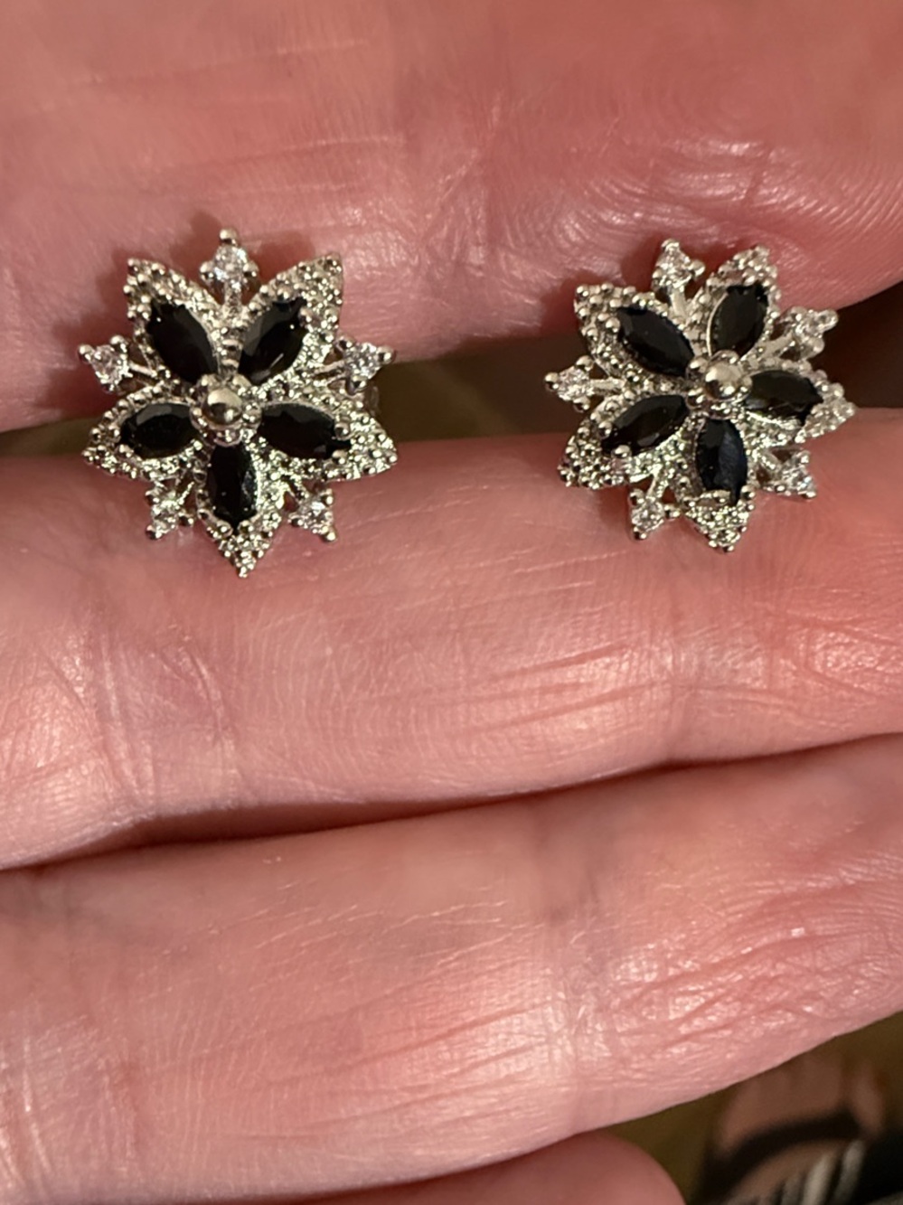 Silver-Tone Floral Stud Earrings with Black Accents